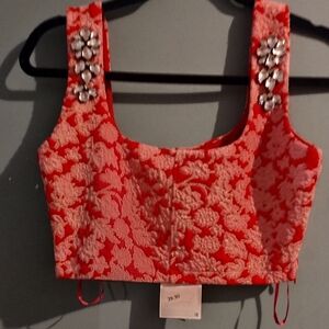 ZARA Brocade Red and White Floral Crop Top with metallic thread and jewels